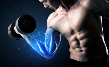 Fit athlete lifting weight with blue muscle light concept clipart