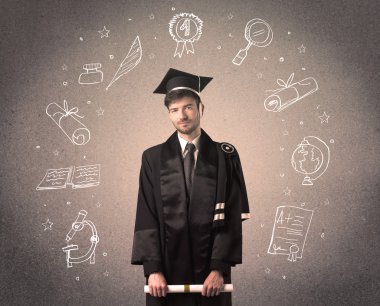 Elle çizilmiş okul ikonlarıyla mutlu bir öğrenci.