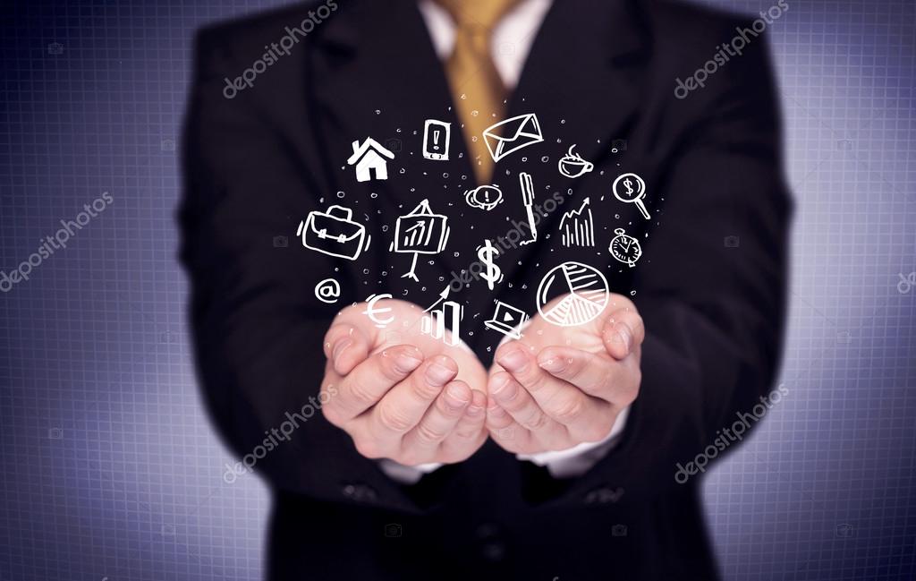 A successful business person has control over everyday tasks concept holding logos, icons in its hand with purple background