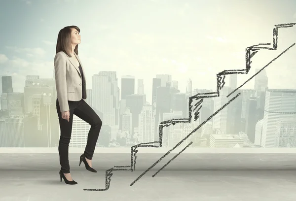 Business woman climbing up on hand drawn staircase concept — Stock Photo, Image