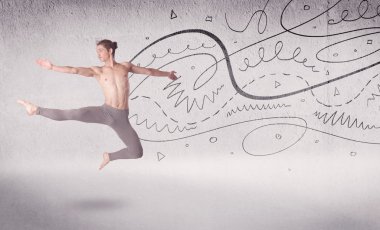 Bale dansçısı çizgiler ve oklarla sanat dansı yapıyor.