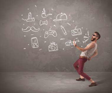 Komik hippi adam çizilmiş şeyler bağırıyor.