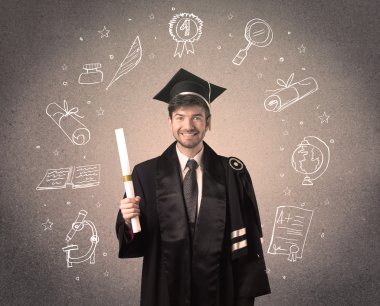 Elle çizilmiş okul ikonlarıyla mutlu bir öğrenci.