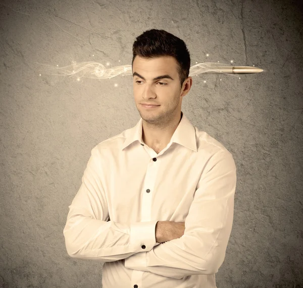 Fast creative sales guy with smoking bullet — Stock Photo, Image