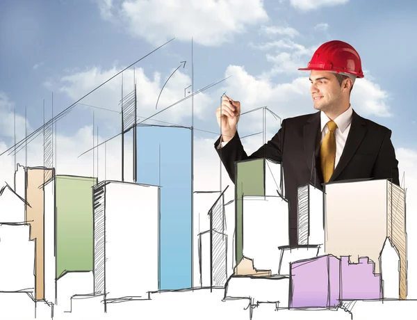 Construction worker planning a city sight — Stock Photo, Image