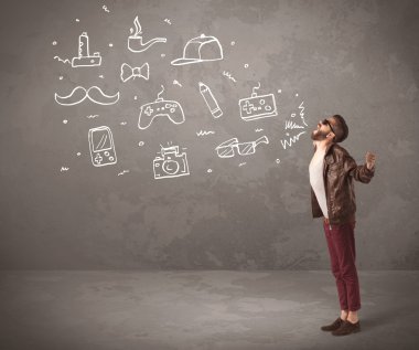 Komik hippi adam çizilmiş şeyler bağırıyor.