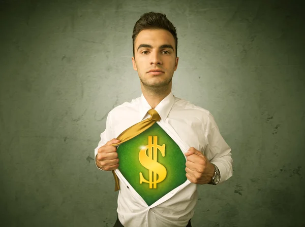 Zakenman scheuren uit zijn shirt met dollarteken op borst — Stockfoto