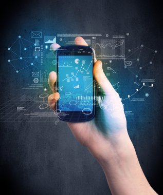 El ele tutuşan akıllı telefon.