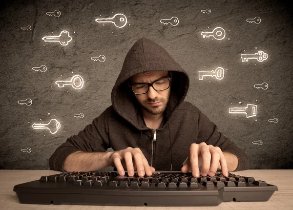 Hacker nerd ragazzo con le chiavi di password disegnate — Foto Stock