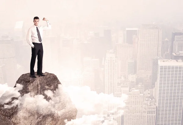 Happy businessman standing on stone top — Stock Photo, Image