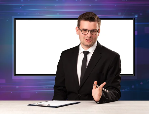 Television program host with big copy screen in his back — Stock Photo, Image