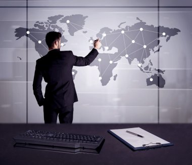 Dünya Haritası üzerinde nokta çizim iş kişi