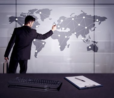 Dünya Haritası üzerinde nokta çizim iş kişi