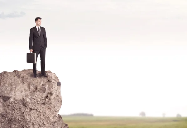 Happy salesman on cliff in the country — Stock Photo, Image