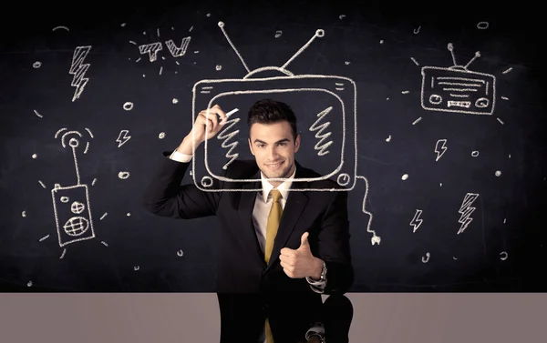 Empresário feliz desenho tv e rádio — Fotografia de Stock