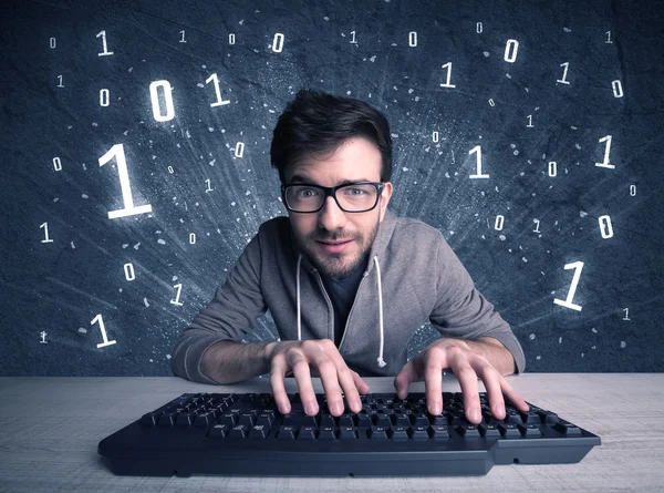 Online intruder geek guy hacking codes — Stock Photo, Image