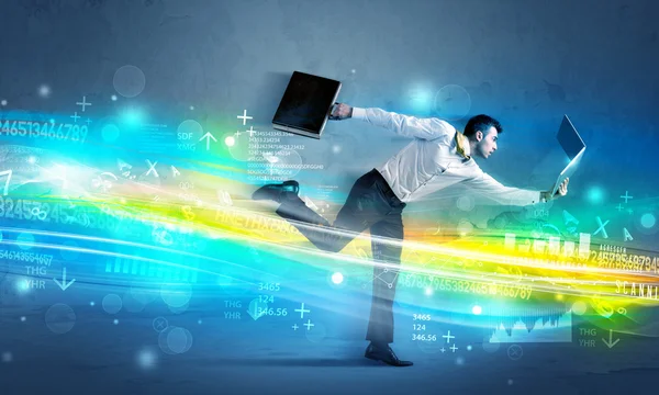 Business man running in high tech wave concept — Stock Photo, Image