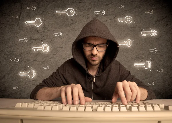 Hacker nerd guy with drawn password keys Royalty Free Stock Images