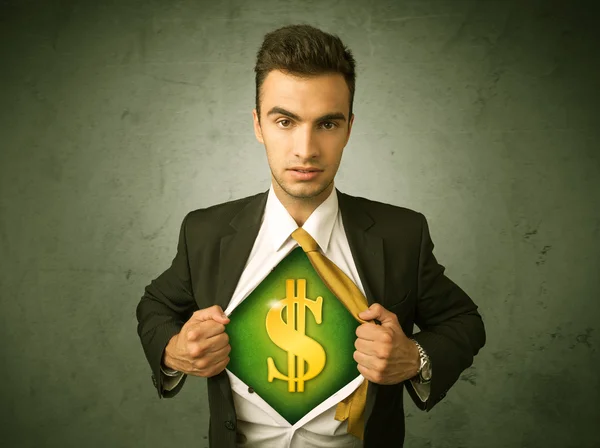 Businessman tearing off his shirt with dollar sign on chest — Stock Photo, Image