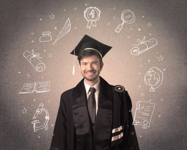 Elle çizilmiş okul ikonlarıyla mutlu bir öğrenci.