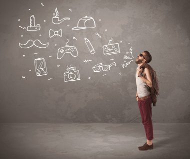 Komik hippi adam çizilmiş şeyler bağırıyor.