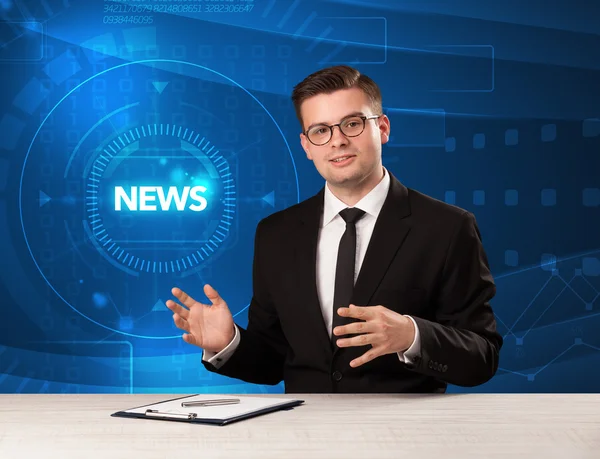 Modern televison presenter telling the news with tehnology backg — Stock Photo, Image