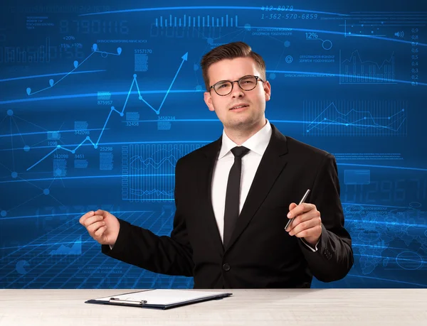 Stock data analyst in studio giving adivce on blue chart backgro — Stock Photo, Image