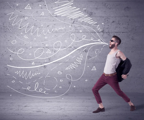 Funny shouting hipster with drawn lines — Stock Photo, Image