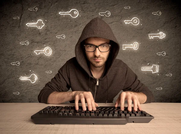 Hacker nerd ragazzo con le chiavi di password disegnate — Foto Stock