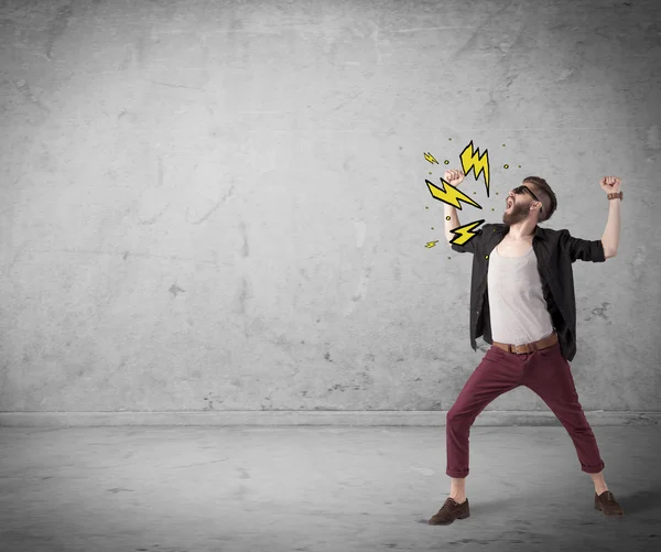 Funny hipster in fashion clothing shouting — Stock Photo, Image