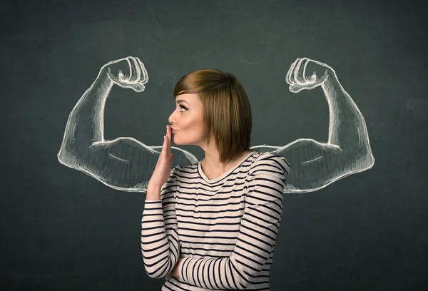 Mujer con brazos fuertes y musculosos dibujados — Foto de Stock