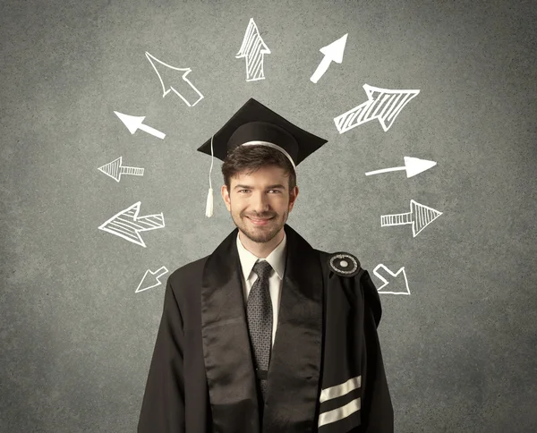 Junger Doktorand mit handgezeichneten Pfeilen — Stockfoto