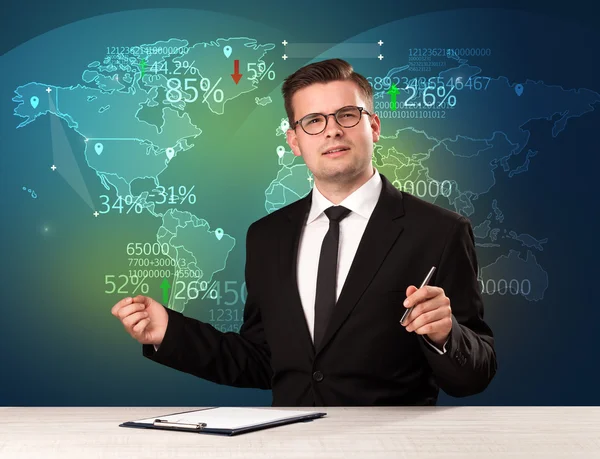 Trade market analyst is studio reporting world trading news with — Stock Photo, Image