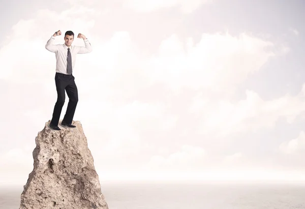 Счастливый бизнесмен, стоящий на скале — стоковое фото
