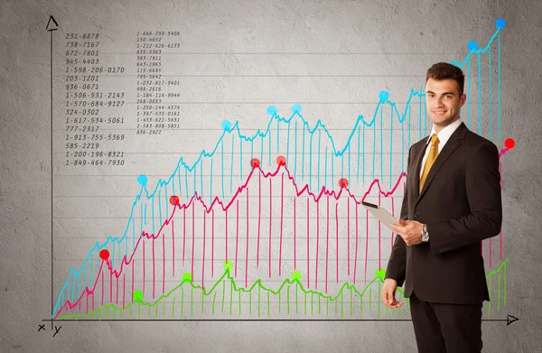Bunte Grafik mit Zahlen und Geschäftsmann — Stockfoto