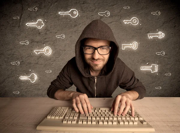 Hacker chico nerd con claves de contraseña dibujadas —  Fotos de Stock