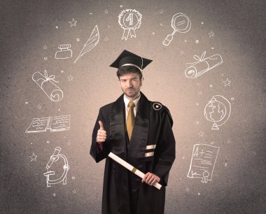 Elle çizilmiş okul ikonlarıyla mutlu bir öğrenci.