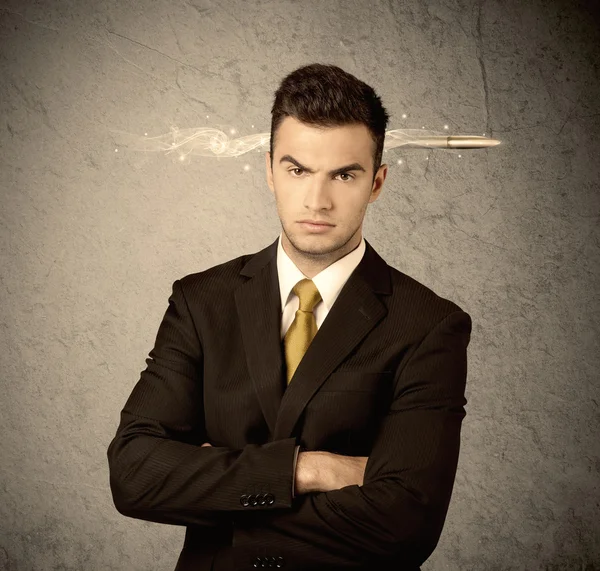 Fast creative sales guy with smoking bullet — Stock Photo, Image