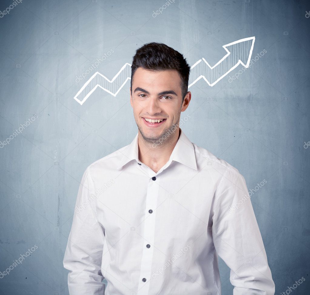 Smiling business guy with graph arrow