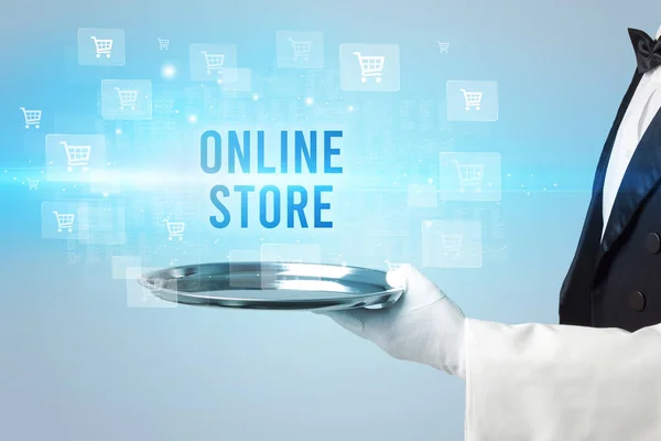 Garçom servindo conceito de compras online — Fotografia de Stock
