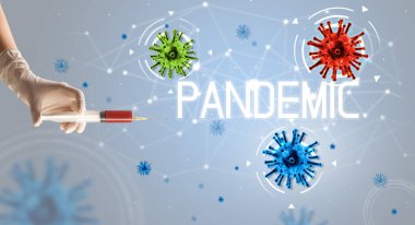 Şırınga, elinde tıbbi enjeksiyon, koronavirüs aşısı konsepti.