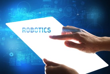 El işi fütüristik tablet, teknoloji konsepti.