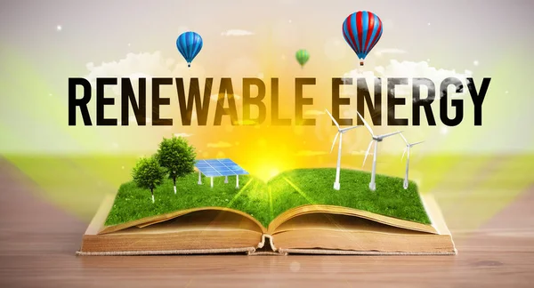 Açık kitap, yenilenebilir enerji kavramı — Stok fotoğraf