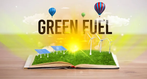 Öppen bok, förnybar energi koncept — Stockfoto