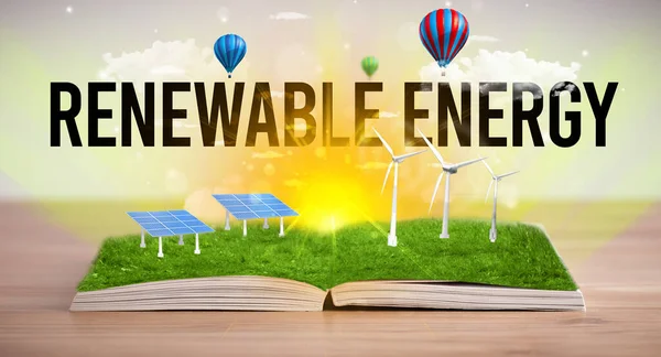 Otwarta księga, koncepcja energii odnawialnej — Zdjęcie stockowe