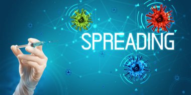 Şırınga, elinde tıbbi enjeksiyon, koronavirüs aşısı konsepti.