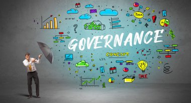 Şemsiyenin arkasına saklanan iş adamı