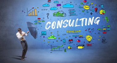 Şemsiyenin arkasına saklanan iş adamı