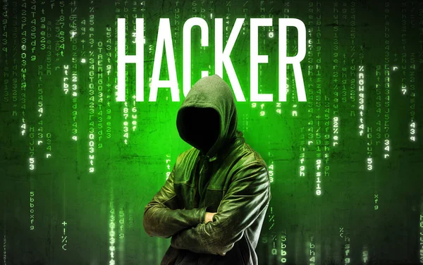 Faceless hacker with inscription — Stock Photo, Image