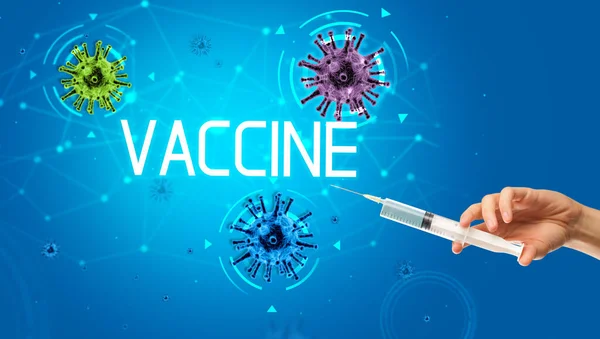 Siringa, iniezione medica in mano, concetto di vaccino coronavirico — Foto Stock